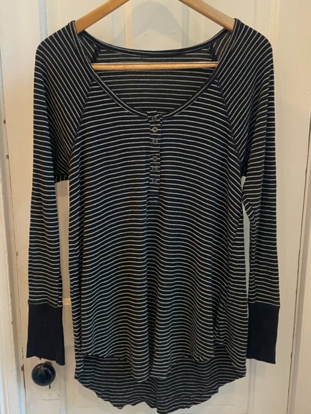 Urban Outfitters Black & Cream Striped Henley Long Sleeve Top - Size Small